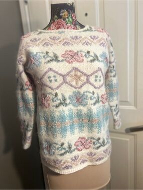 Vtg Express Tricot Hand Knit Floral Sweater Tunic Silk Angora Blend Pastel Small